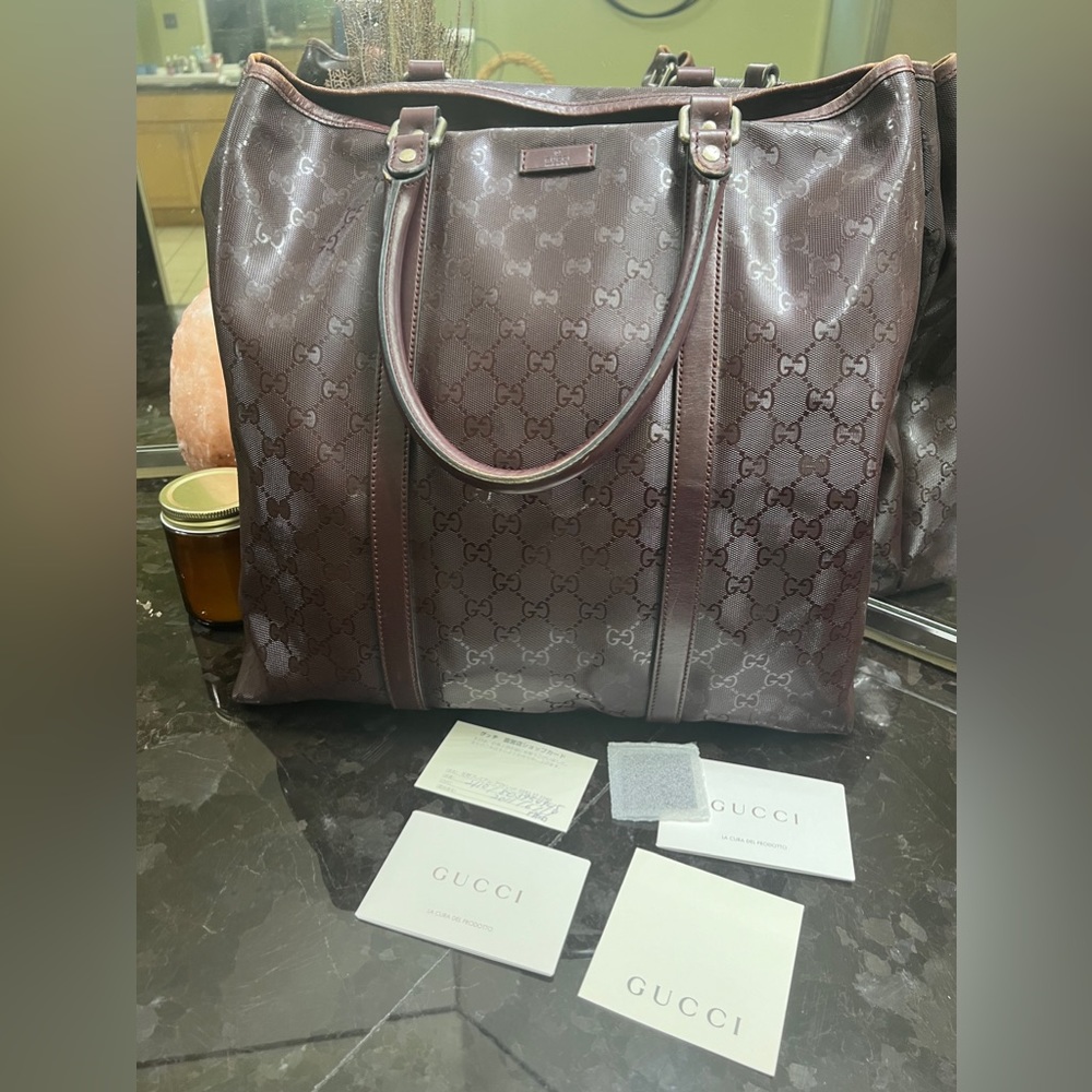 Gucci Iconic GG Imprime Joy Large Tote Bag Wine Red Purple PVC Leather-Authentic